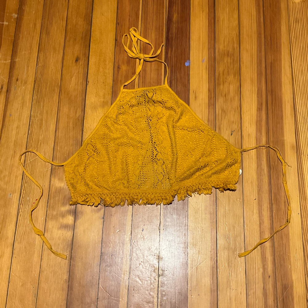 La Hearts Mustard Crochet Halter Crop Top
